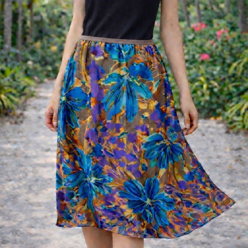 100% silk Calvin Klein lightweight brown aqua orange skirt floral ripple hem 6